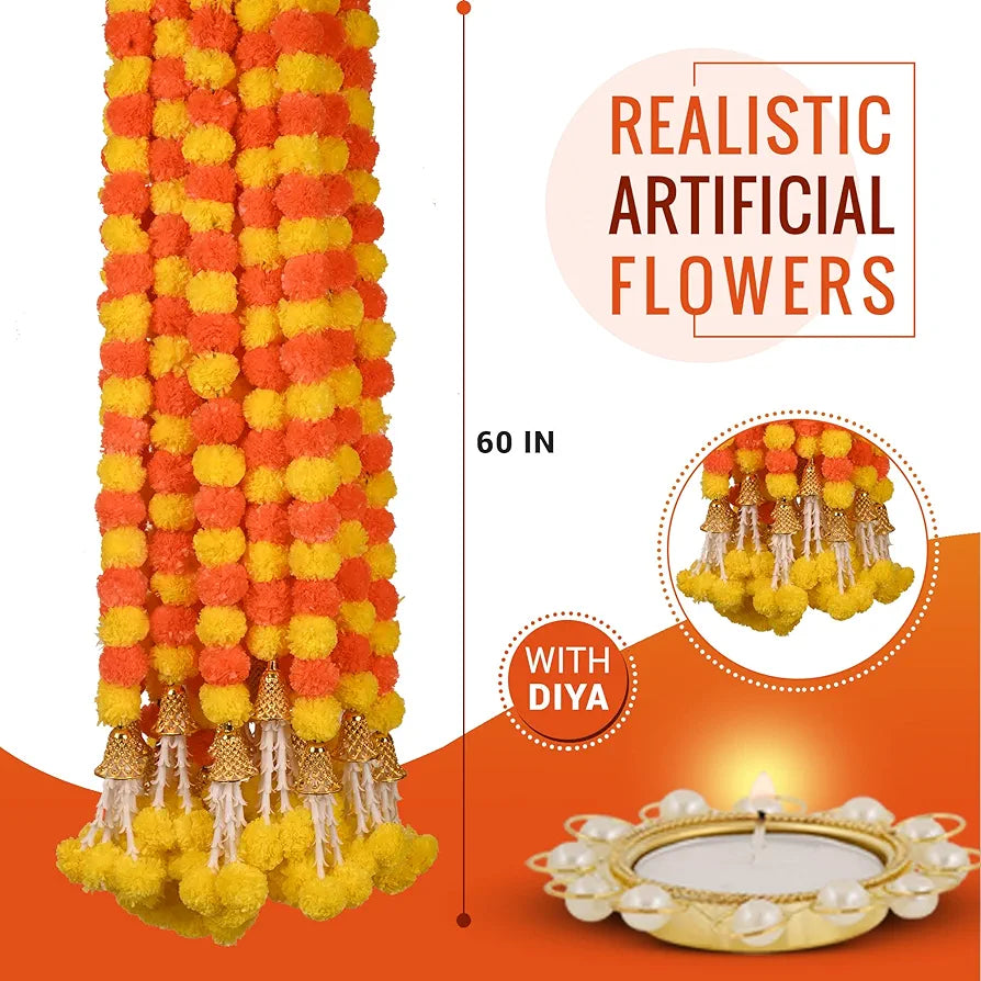 TAPFIRE Marigold Artificial Flowers for Decoration Long Garland for Diwali Decoration Navratri, Pooja, Home Inauguration, Temple, Wedding,5 Feet Long 5 Pcs with 1 Diya